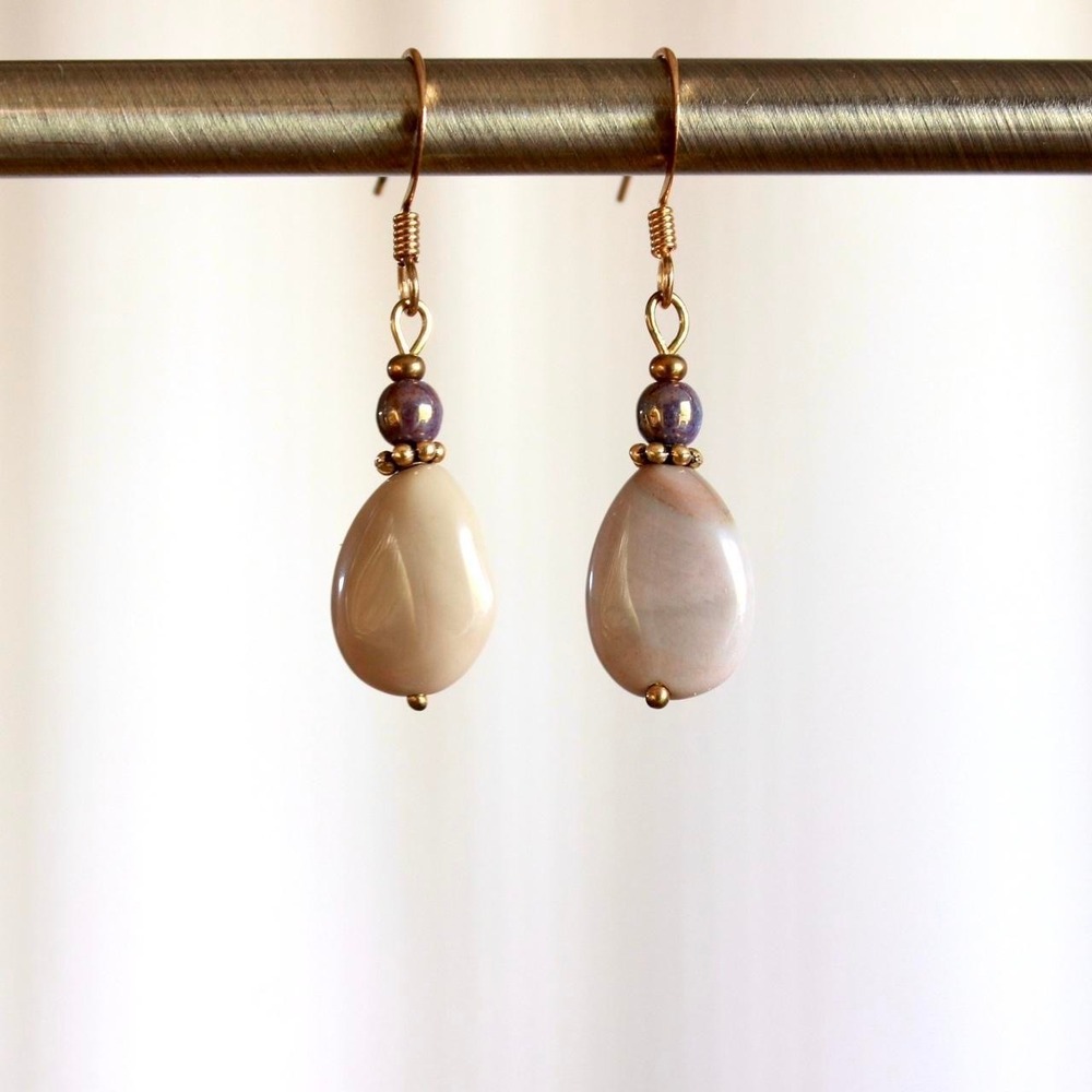 Handmade Cream Jasper & Purple Lepidolite Drop Earrings Boho Cottagecorre Fairy
